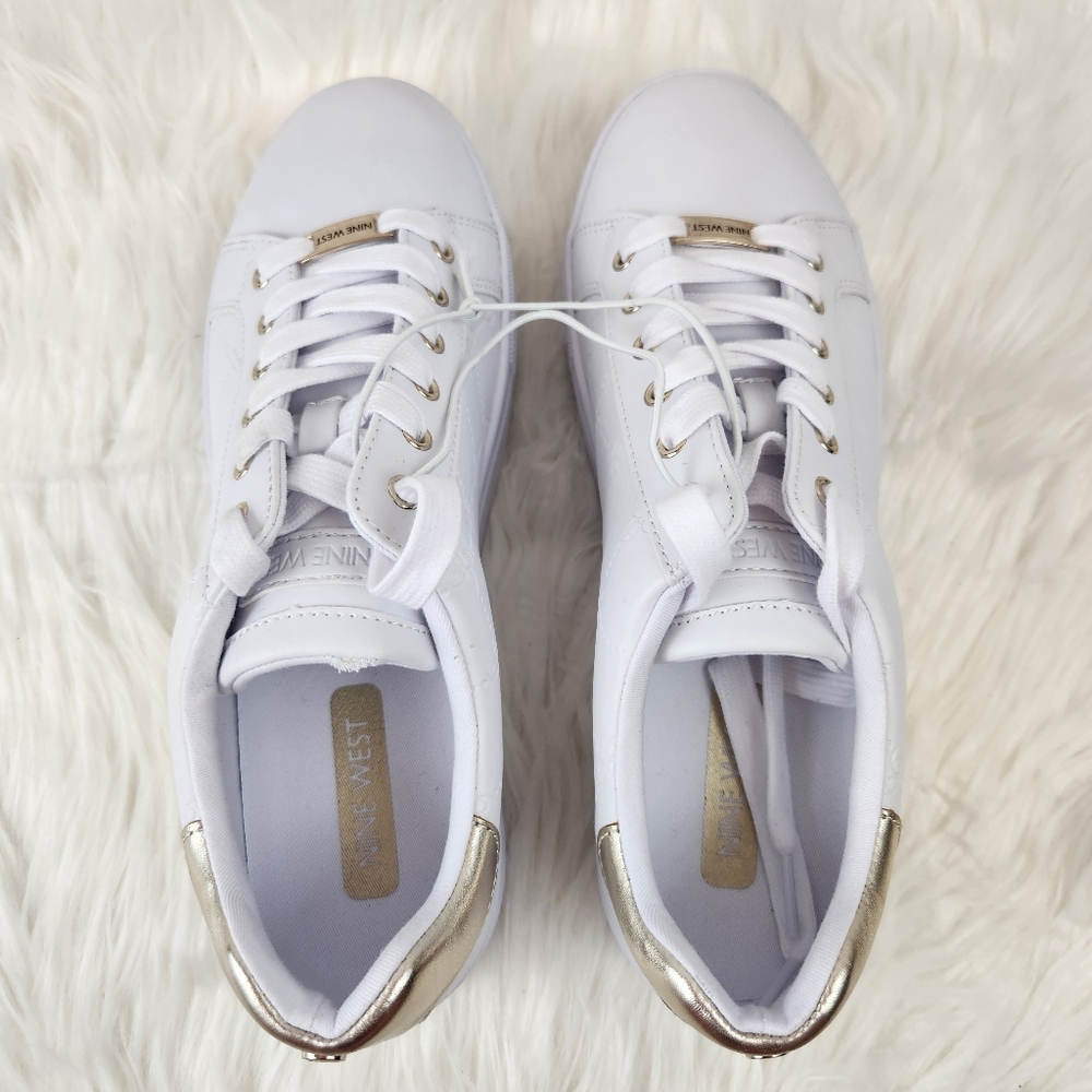 Nine West Women's Gatsby Round Toe Lace-Up Casual Sneakers White and Gold - Picture 8 of 9